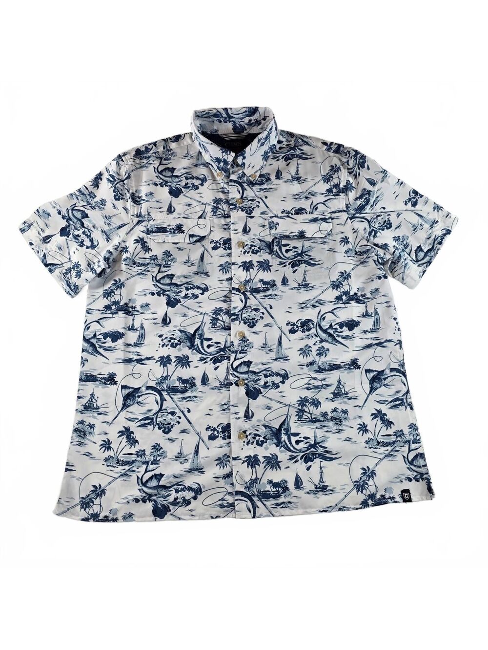 Chaps Men's Large White Blue Tropical Marlin Fishing Print Short Sleeve Shirt